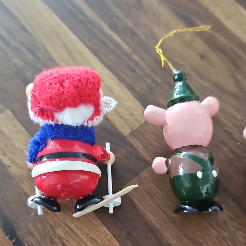 5 Vintage Christmas Pig ORNAMENTS music Sport Book Skiing Wooden 70s 80s Retro